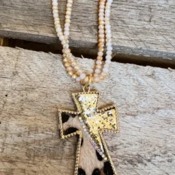 Southern Grace You Can't Cross Me Double Beaded Leopard Gold Cross Pendant New Arrivals
