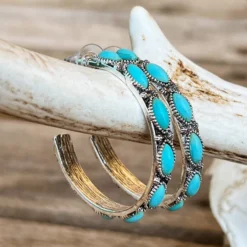 Southern Grace Darlin Please Turquoise Rock Silver Hoop Earrings