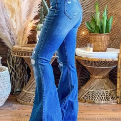 Special A High Rise Boot Cut Distressed Jeans In Medium Blue