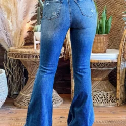 Special A High Rise Boot Cut Distressed Jeans In Medium Blue