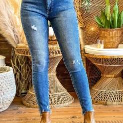 Special A Mid Rise Straight Leg Distressed Jeans In Medium Blue