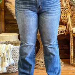 Special A Mid Rise Boot Cut Distressed Jeans In Medium Blue