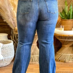 Special A Mid Rise Boot Cut Distressed Jeans In Medium Blue