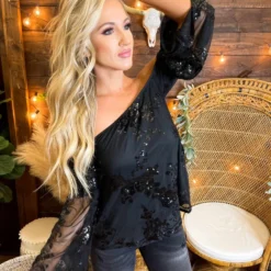 D & J Industries Co., LTD. Sequin Talk About It Top - Black