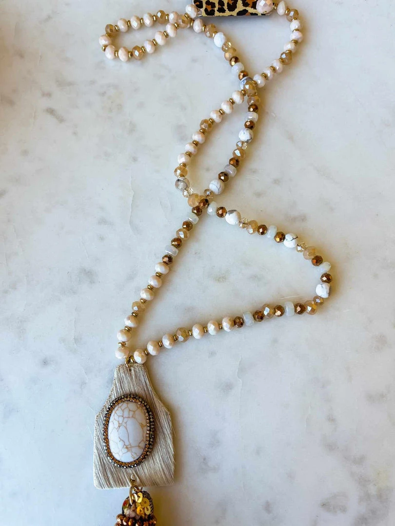 Your Fashion Wholesale Cow Hide Tassel Necklace - Beige 2 Your Fashion Wholesale Cow Hide Tassel Necklace - Beige