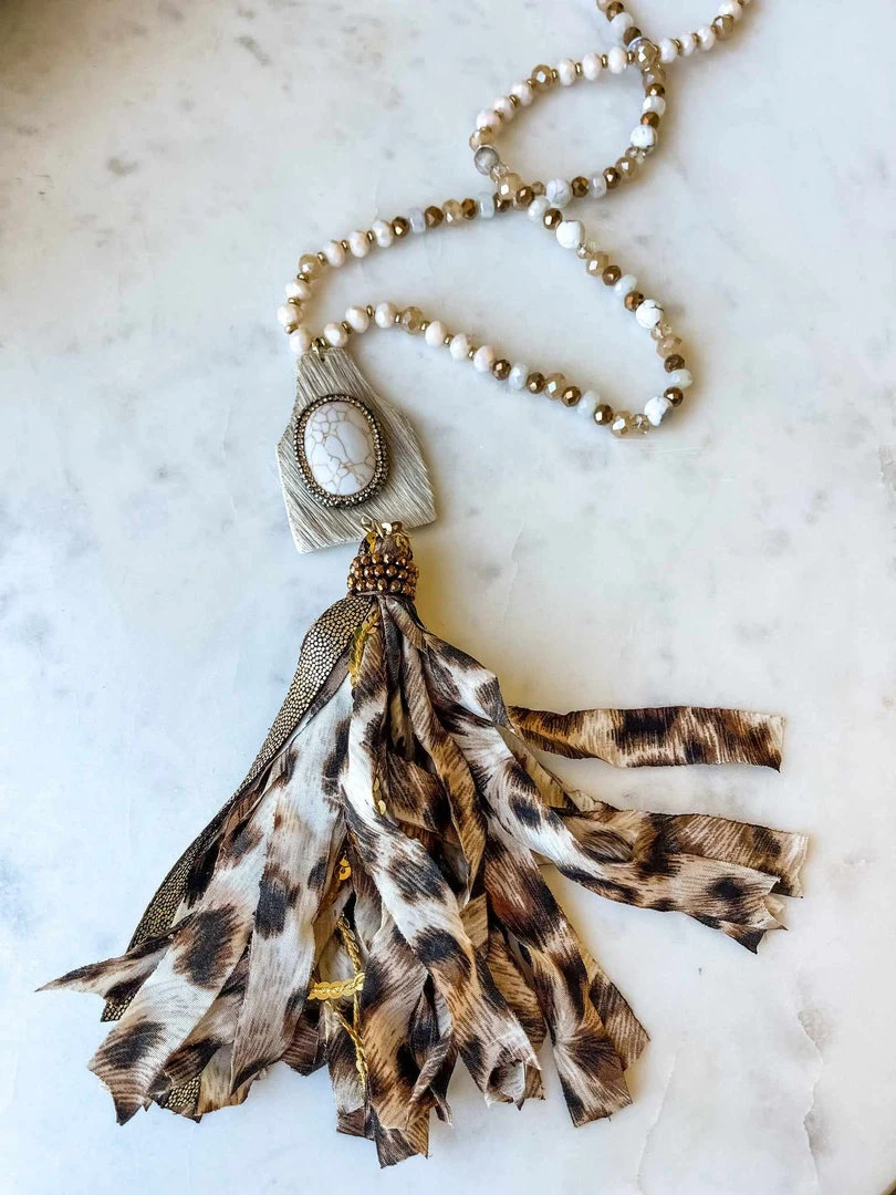 Your Fashion Wholesale Cow Hide Tassel Necklace - Beige 1 Your Fashion Wholesale Cow Hide Tassel Necklace - Beige