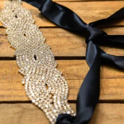 Luxe Apparel Rhinestone Crowning Moment Belt X3 - Black Ribbon With Gold