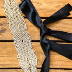 Luxe Apparel Rhinestone Crowning Moment Belt X3 - Black Ribbon With Gold