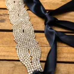 Luxe Apparel Rhinestone Crowning Moment Belt X3 - Black Ribbon With Gold