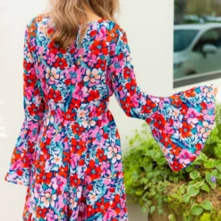 D & J Industies Co., LTD. Floral Fever — Bell Sleeve Floral Dress In Red New Arrivals