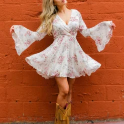 D & J Industies Co., LTD. Floral Fever — Bell Sleeve Floral Dress In White