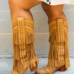 Alig Tannery All Around The Fringe — Wide Calf Western Fringe Boots In Tan Leather