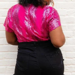 D & J Industies Co., LTD. Pre-Orders PREORDER Hell On Heels Cap Sleeve Bodysuit - Hot Pink Sequin