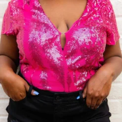 D & J Industies Co., LTD. Pre-Orders PREORDER Hell On Heels Cap Sleeve Bodysuit - Hot Pink Sequin