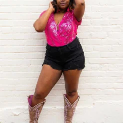 D & J Industies Co., LTD. Pre-Orders PREORDER Hell On Heels Cap Sleeve Bodysuit - Hot Pink Sequin