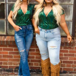 D & J Industies Co., LTD. PREORDER Hell On Heels Cap Sleeve Bodysuit - Emerald Sequin Pre-Orders