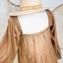 Peach Love CA Square Neck Balloon Sleeve Dress - Camel Sale!