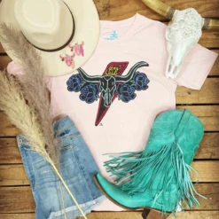 4B Custom Designs LLC Clothing Stay Wild Neon Steer Pale Pink Tee