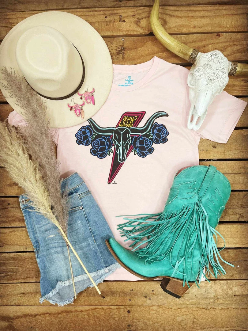4B Custom Designs LLC Clothing Stay Wild Neon Steer Pale Pink Tee 1 4B Custom Designs LLC Clothing Stay Wild Neon Steer Pale Pink Tee