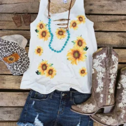 Bling-A-Gogo Sunflowers Tank - Natural