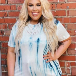 Vocal Tops Tie Die Laser Cut Short Sleeve Top With Bling - Blue & White