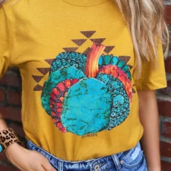 Miss Mud Pie Tees Turquoise Pumpkin Tee - Mustard