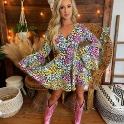 D & J Industies Co., LTD. New Arrivals Famous Like Lisa — Bell Sleeve Dress In Multicolor Leopard