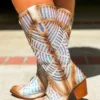 Alig Tannery Retro Cowgirl — Wide Western Boots In White Sequined Leather